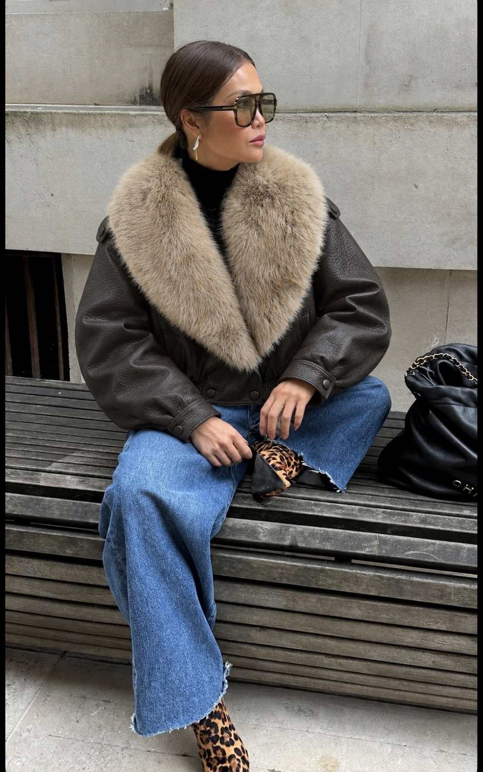 Blouson Court Oversize Col Fausse Fourrure – Chocolat
