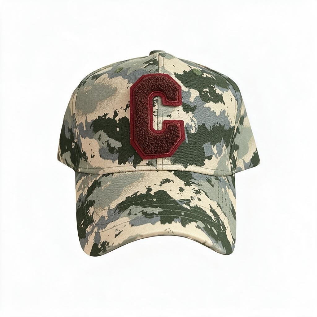 Casquette CASSIAN camouflage avec patch C bordeaux effet bouclette