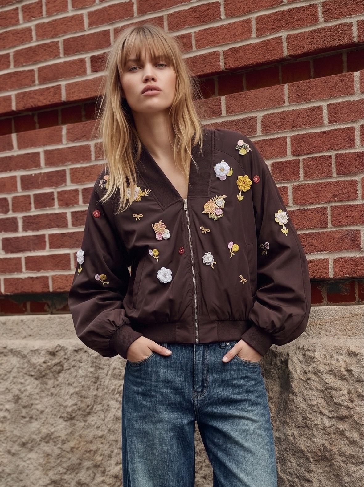 Bomber Floriane chocolat à fleurs – U79605