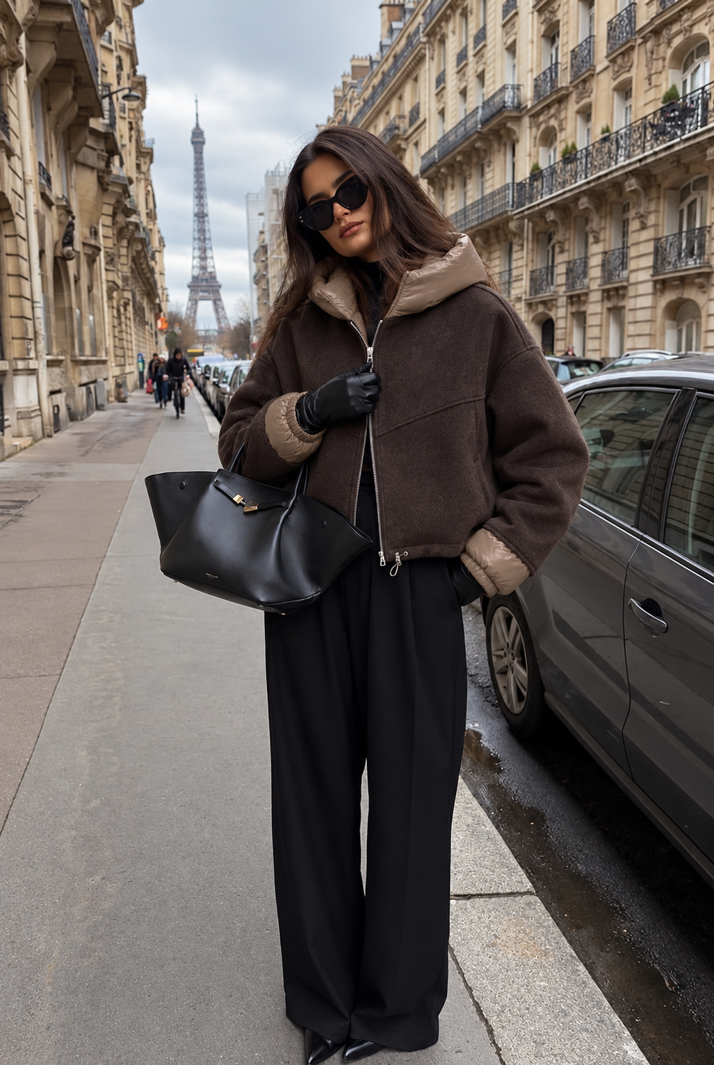 Blouson ALBANYA effet laine chocolat, détail col doudoune taupe