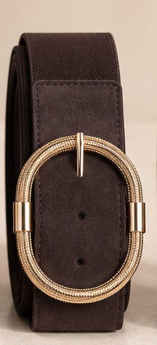 Ceinture ALIX choco, présentation individuelle sur fond beige avec boucle ovale dorée.