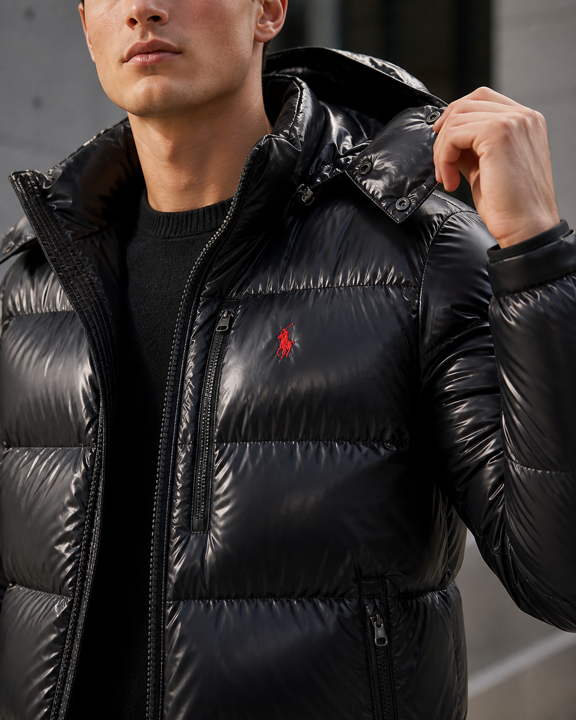 Doudoune GIOR Polo Ralph Lauren noire – détails capuche, zip et logo