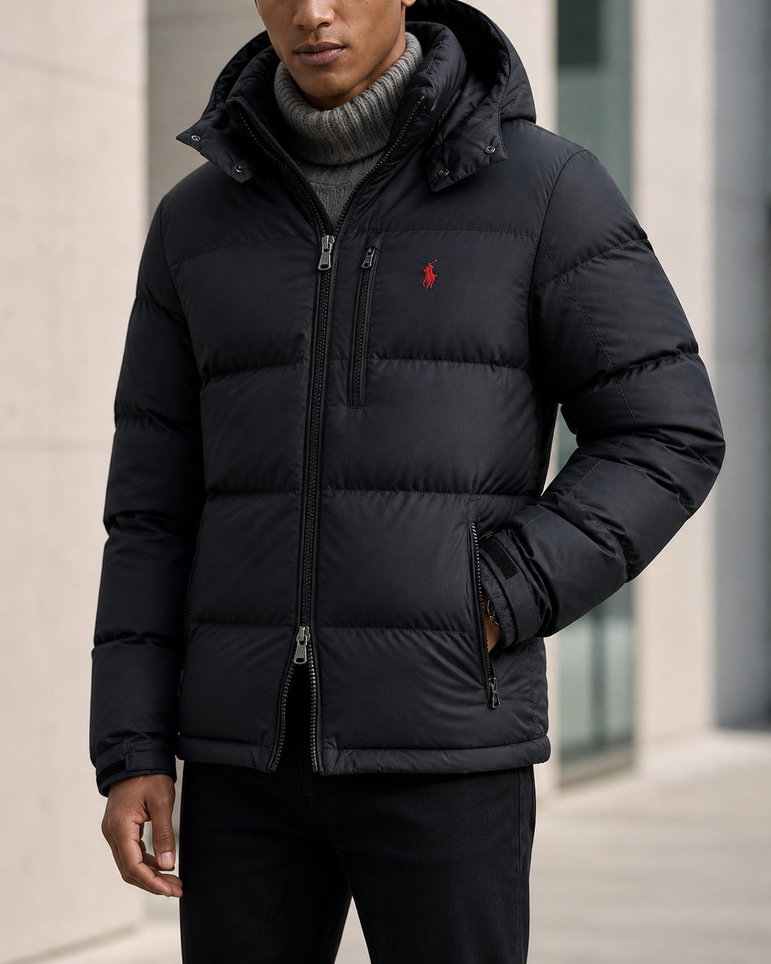 Doudoune matelassée Polo Ralph Lauren noire – détails poche, poignets et logo rouge