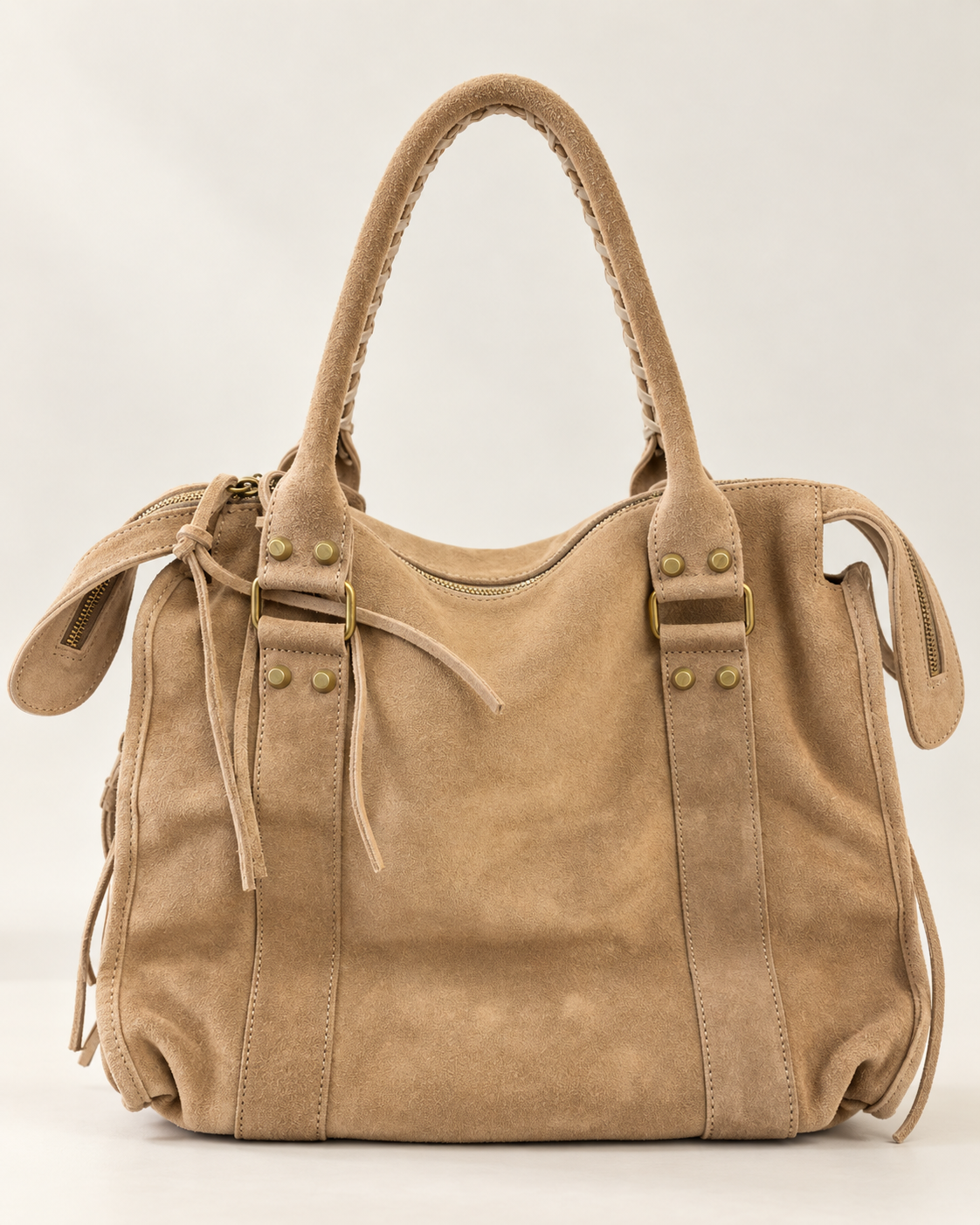 Sac Soléane beige en cuir de vachette, 3836 Grand Modèle, vue de dos avec anses et détails dorés