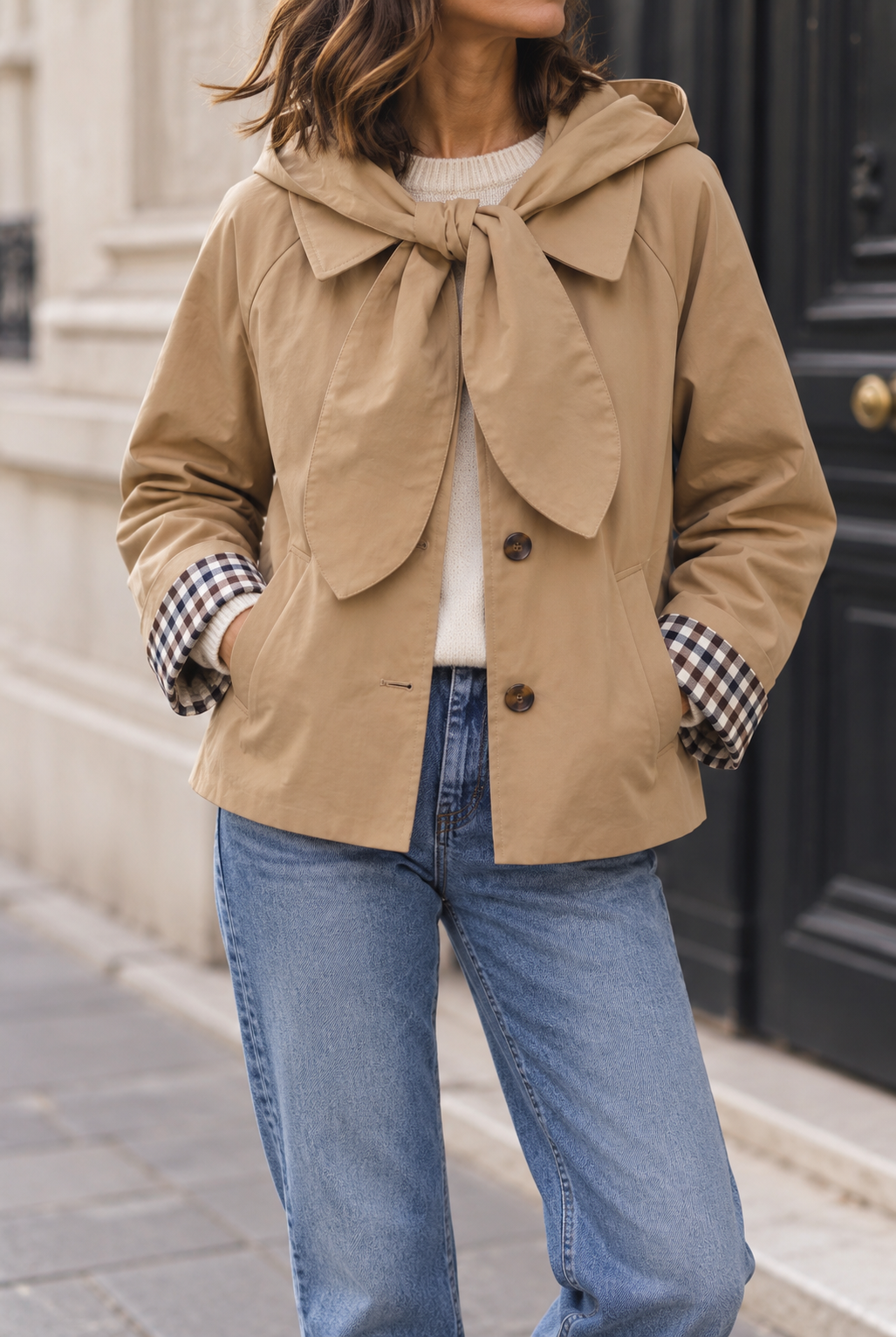 Veste Livia beige portée, vue trois-quarts