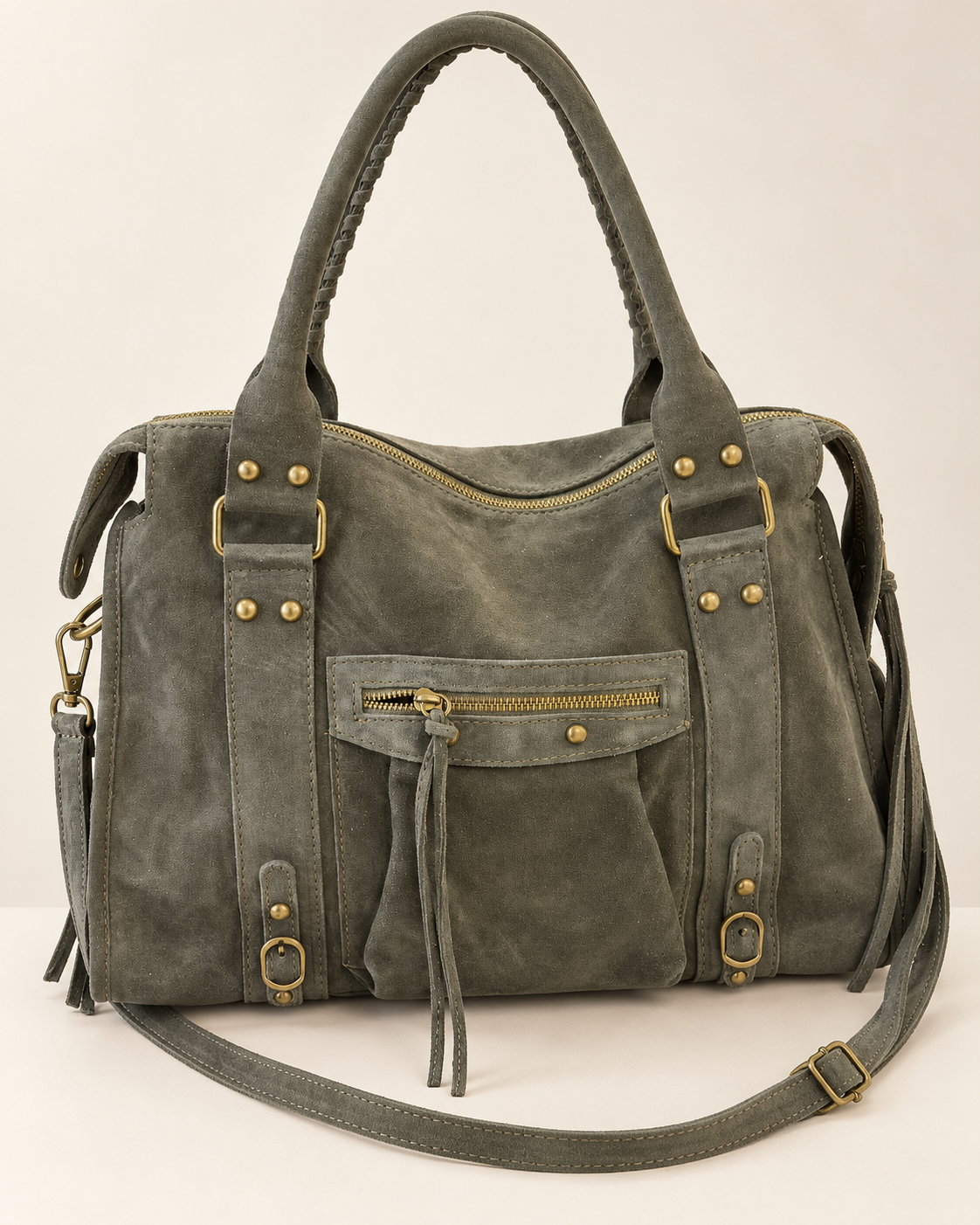 Sac Soléane kaki en cuir de vachette, 3836 Grand Modèle, vue de face avec poche zippée et bandoulière réglable