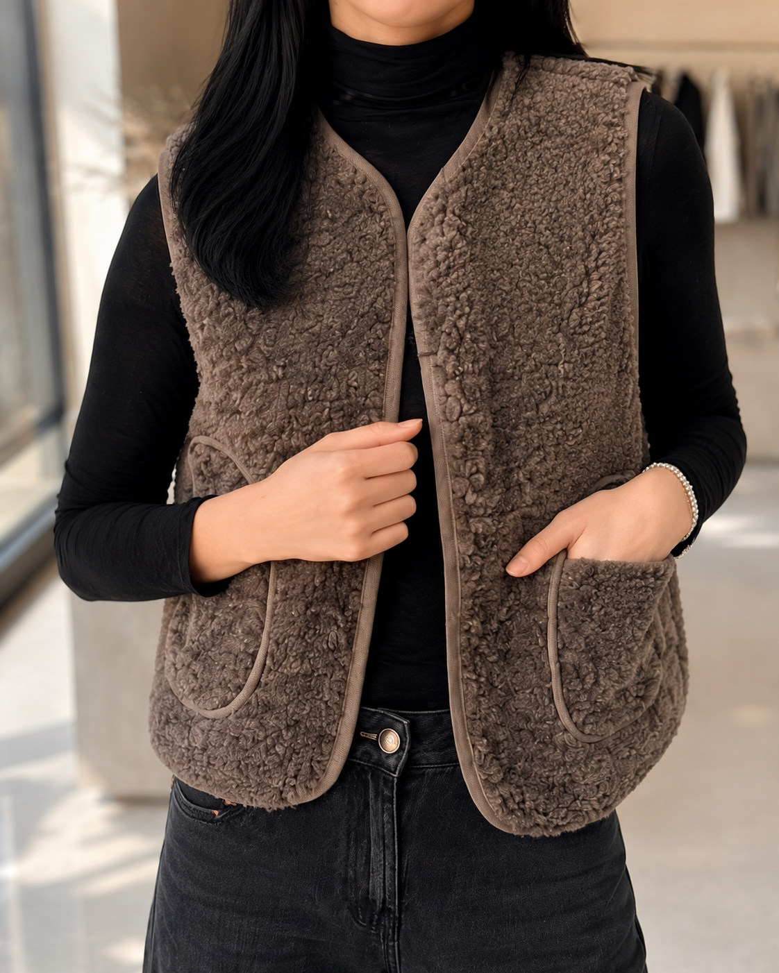 Gilet COZY marron - détail matière et poches