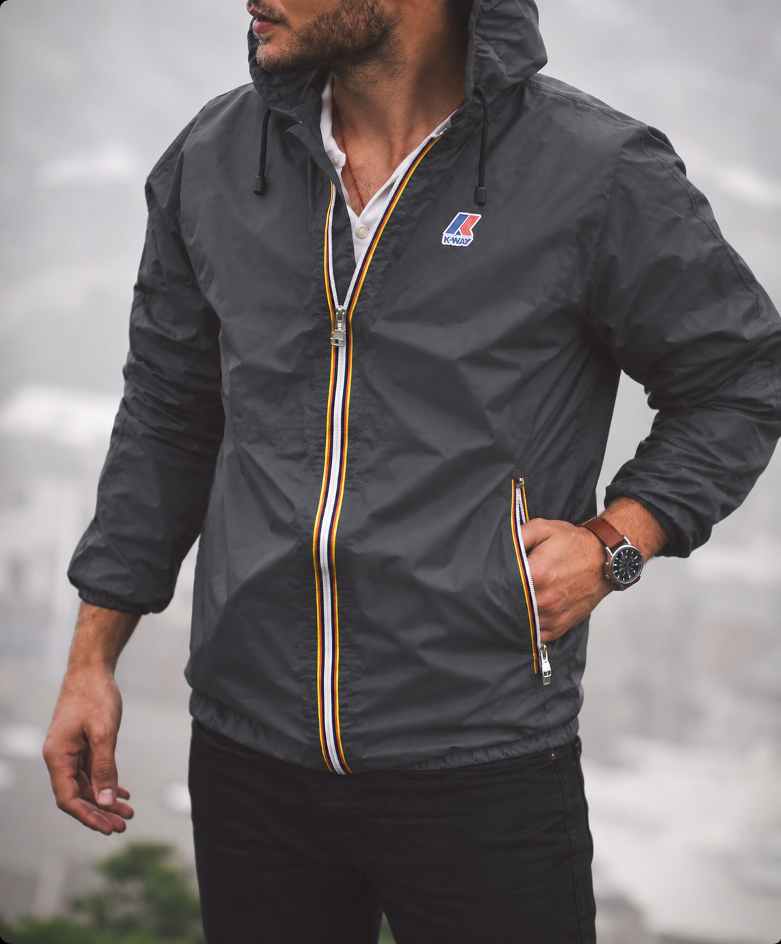 Veste K-Way Le Vrai 4.0 Claude Warm gris foncé – détail zip et poche
