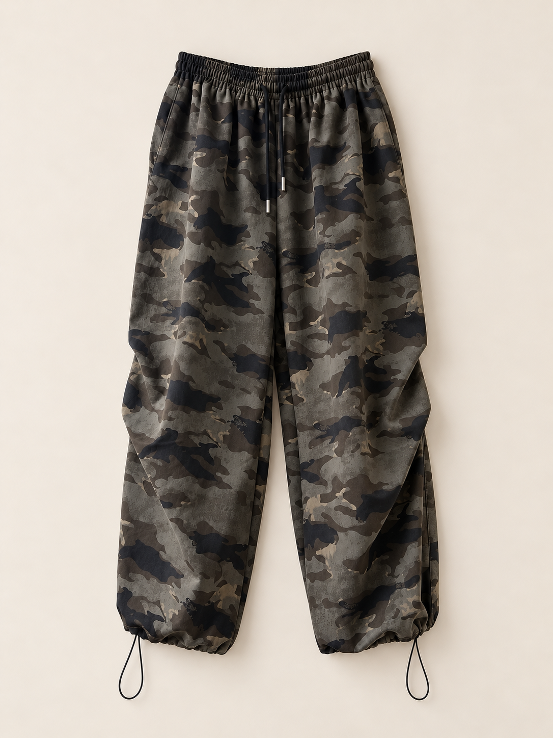 Pantalon Oryane camouflage à plat, cordons à la taille et aux chevilles