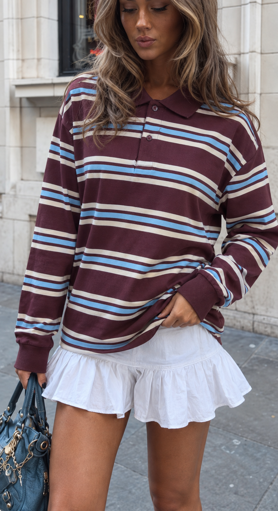 Polo manches longues rayé bordeaux - détail col et rayures