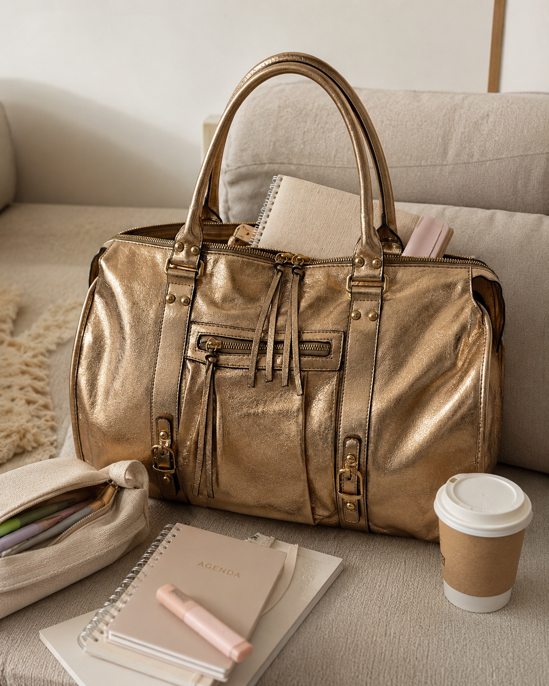 Sac grand format bronze clair avec accessoires scolaires dans un décor naturel