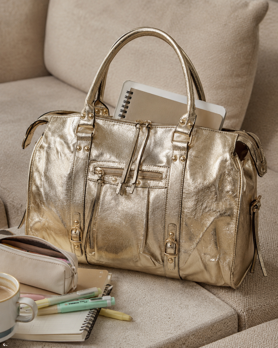 Sac grand format doré avec accessoires scolaires dans un décor naturel