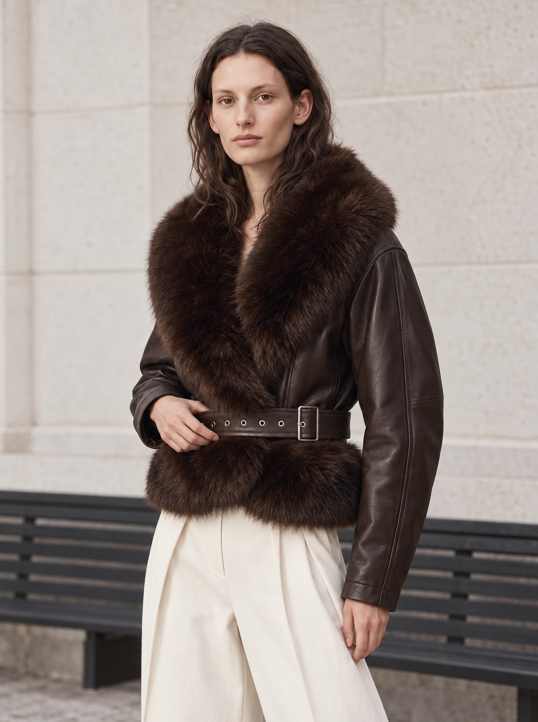 Veste courte chocolat en effet cuir, col et bas devant en fourrure, ceinture à œillets avec boucle rectangulaire, portée de face