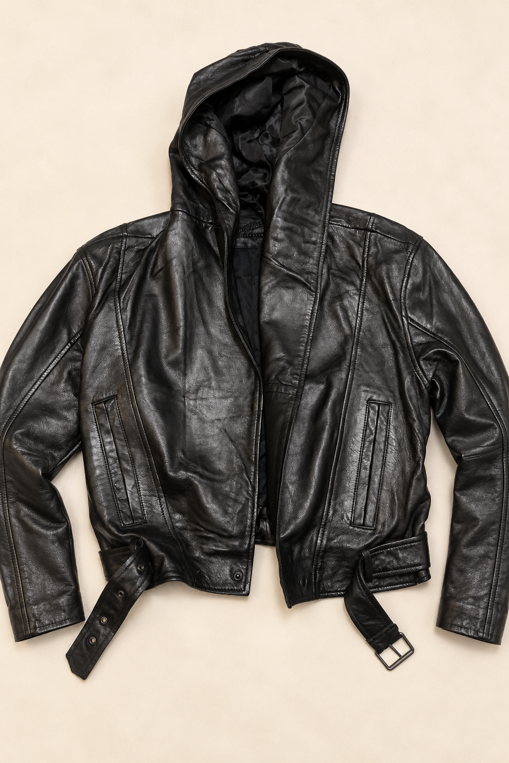 Veste Elvane 1101-1002 en cuir noir à capuche, vue de face à plat