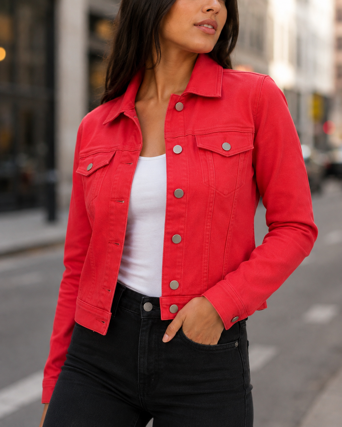 Veste Janelle rouge - détail coupe et boutons