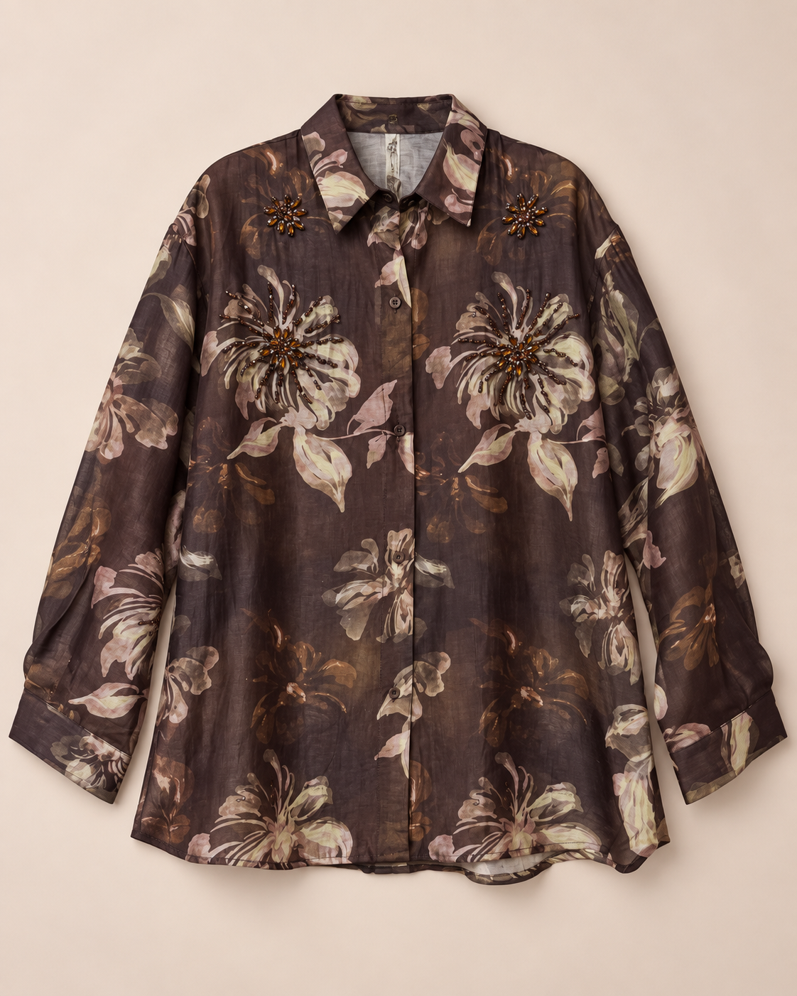 Chemise fluide fleurie brodée bijoux – Chocolat