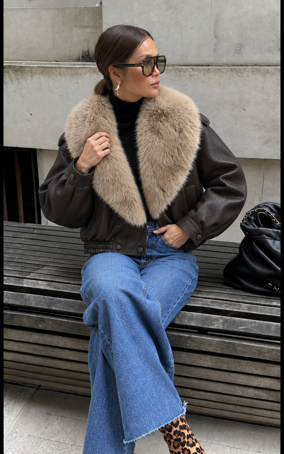 Blouson Court Oversize Col Fausse Fourrure – Chocolat
