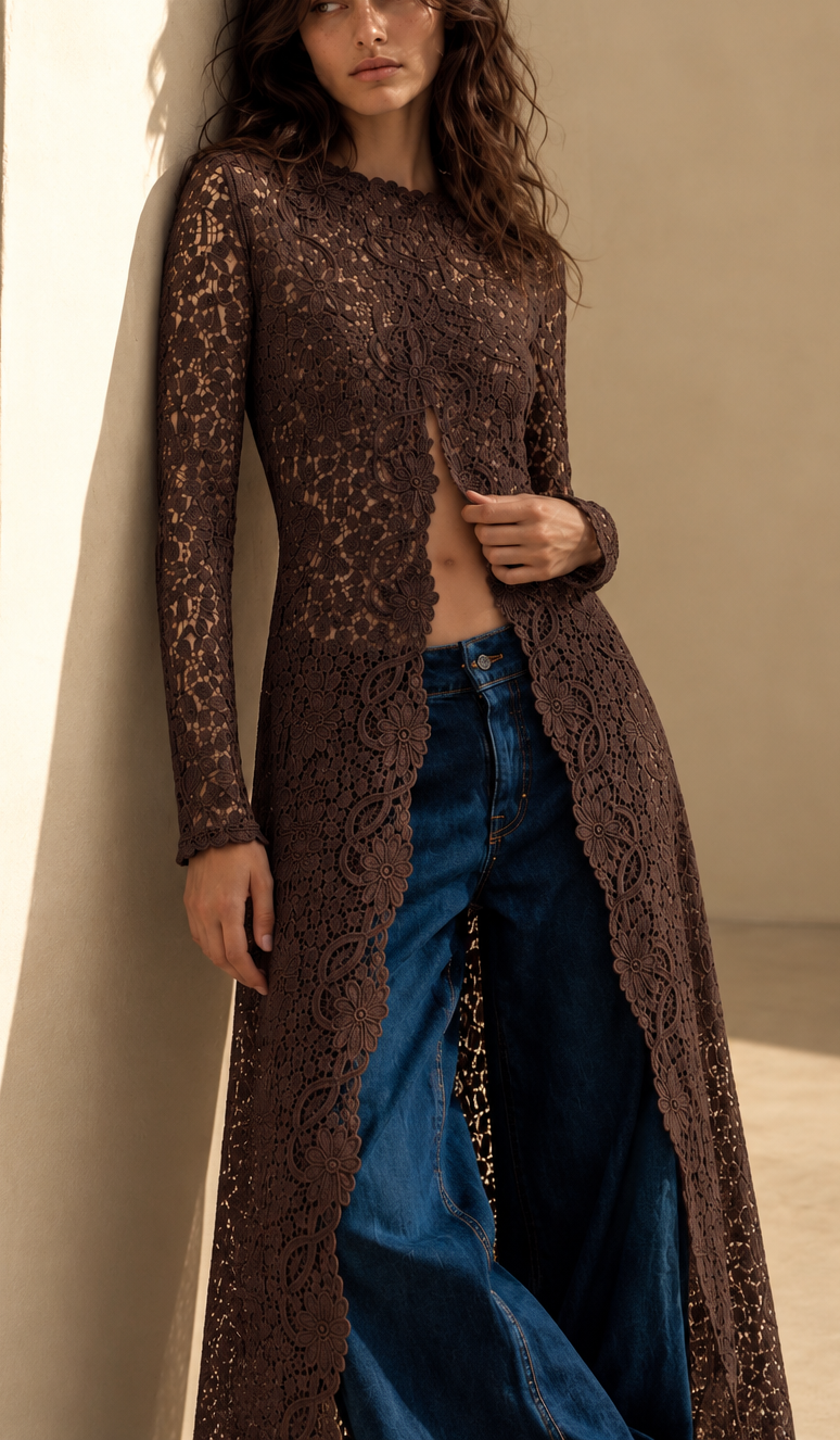 Kimono long en dentelle florale – Chocolat