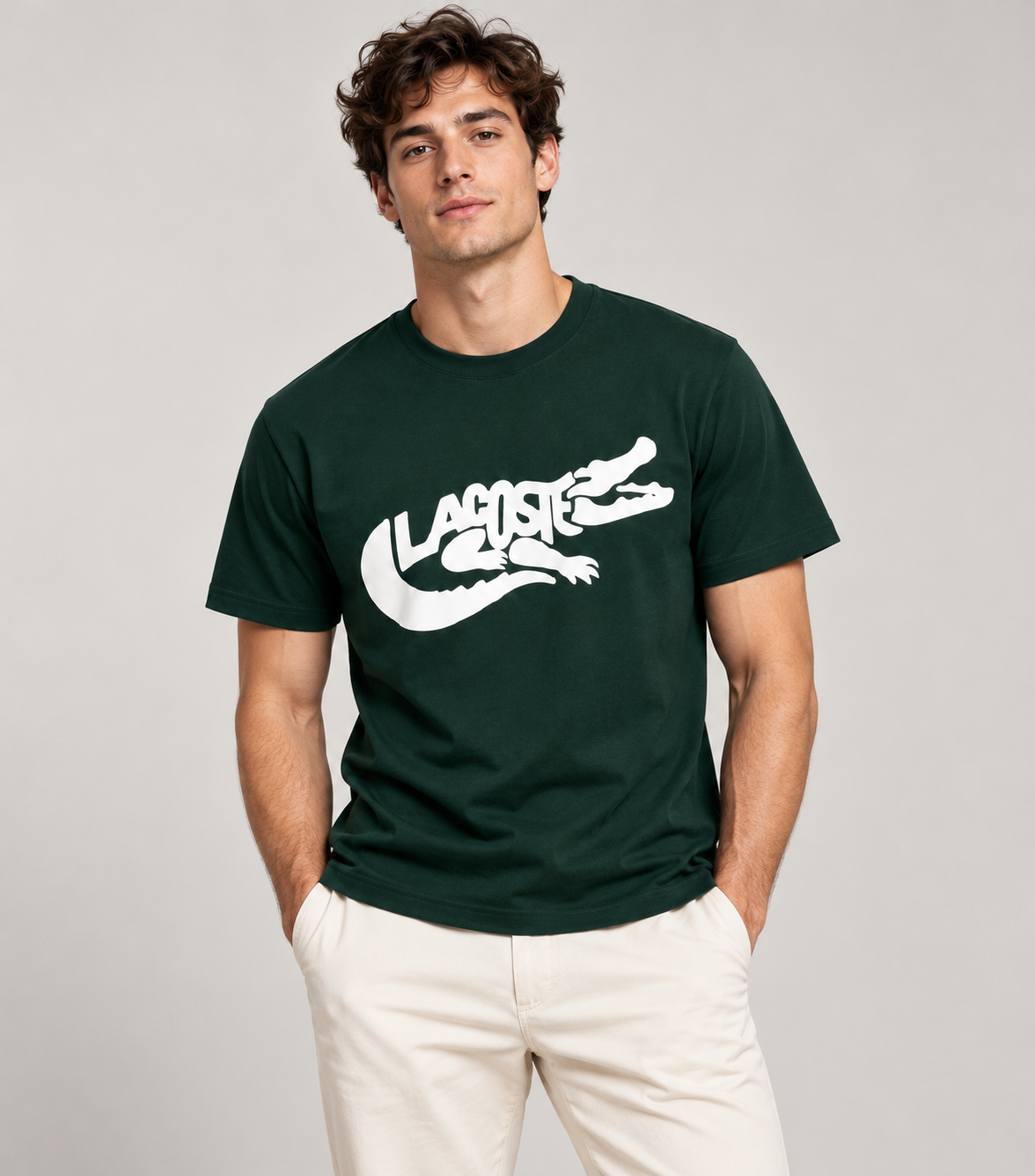 T-shirt homme Lacoste TH9990 vert sinople à imprimé crocodile