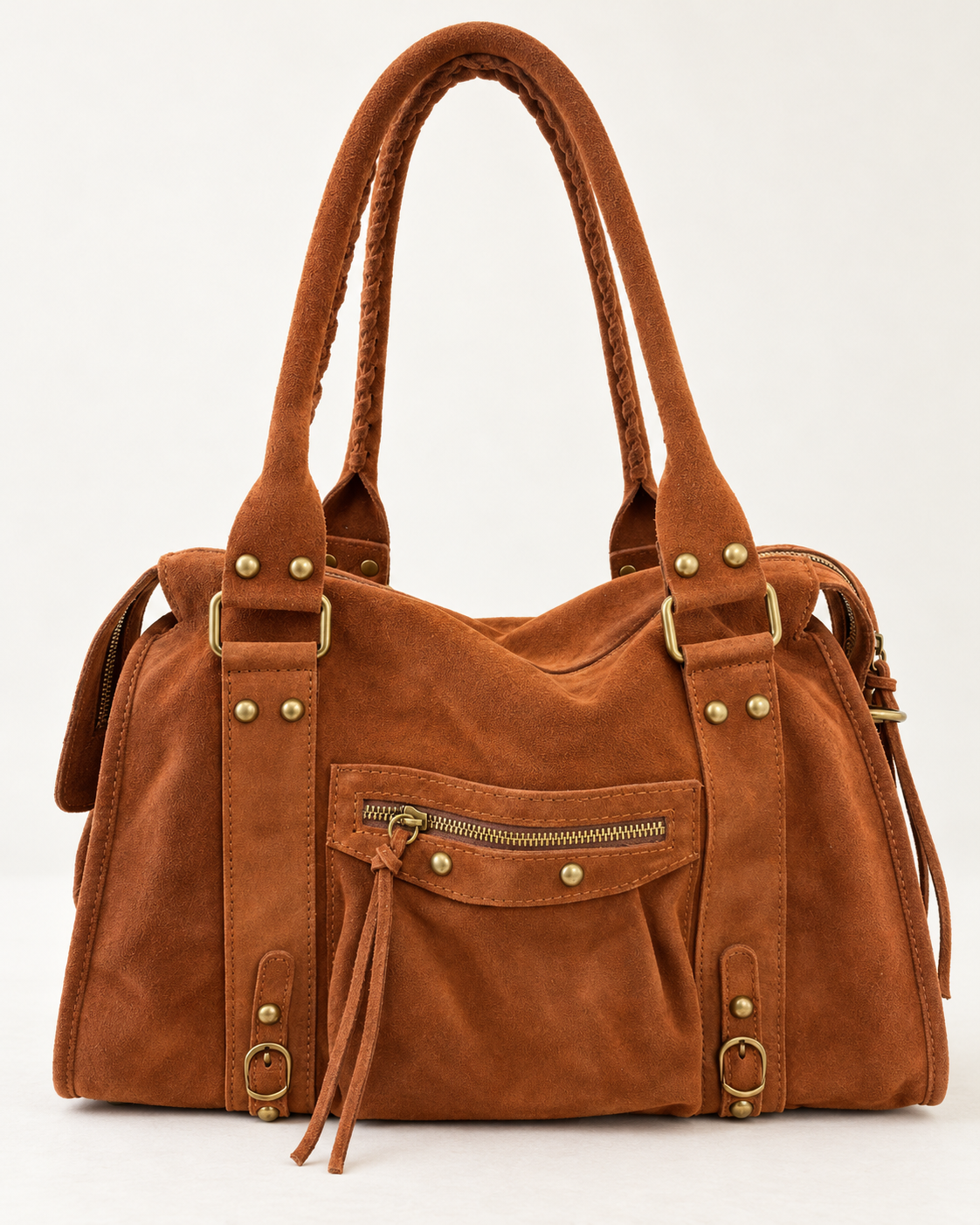 Sac Soléane cognac en cuir de vachette, 3836 Grand Modèle, vue de face avec poche zippée