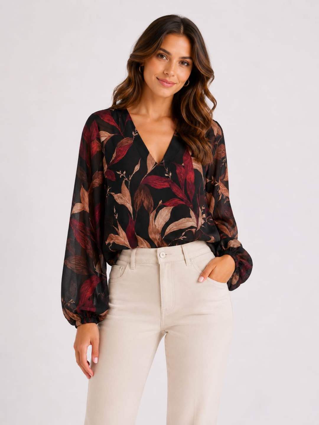 Blouse Clara imprimé feuillage bordeaux