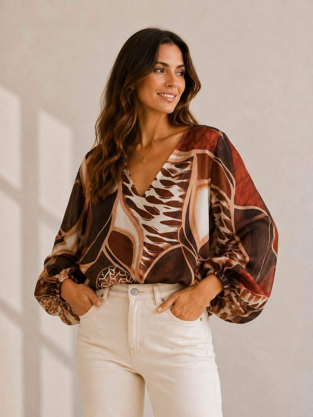 Blouse Clara imprimée marron et terracotta