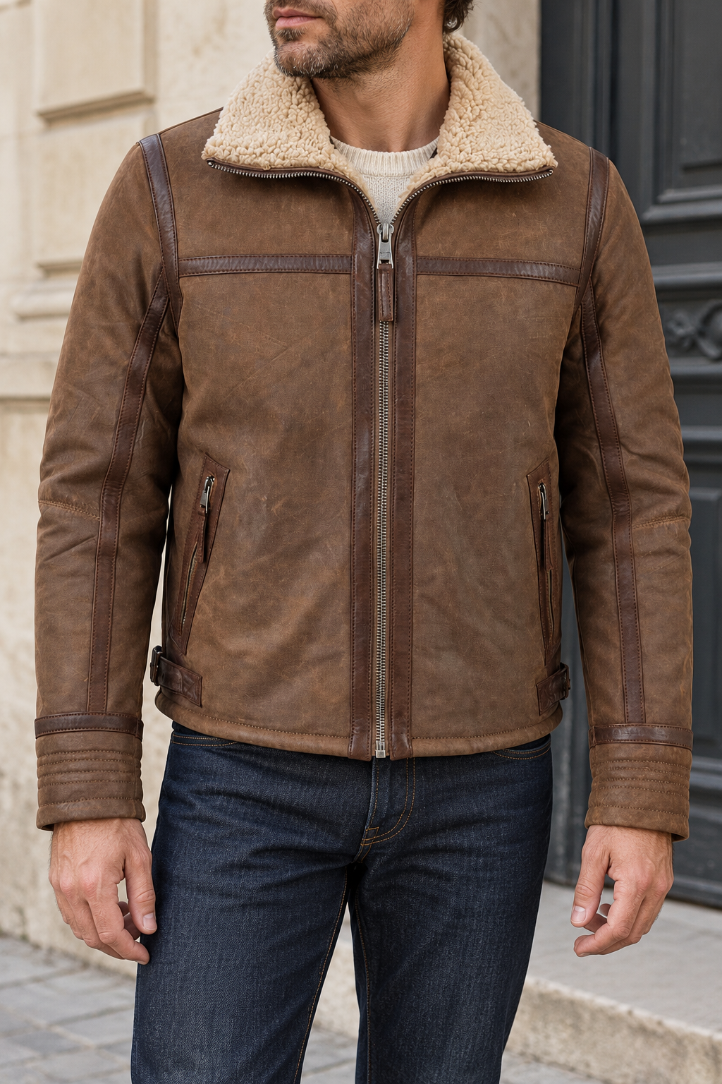 Blouson homme ARCTICON en cuir cognac vintage, porté de face, référence 1201-1000