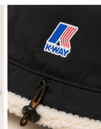 Détail logo et bord sherpa du Bob PASCALLE ORSETTO K-Way noir