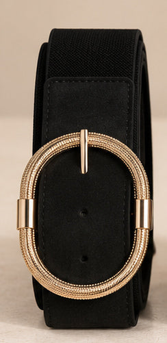 Ceinture ALIX noire, présentation individuelle sur fond beige avec boucle ovale dorée.