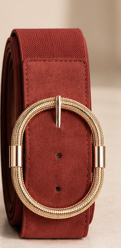 Ceinture ALIX rouille, présentation individuelle sur fond beige avec boucle ovale dorée.