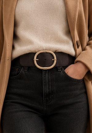 Idée de porté de la ceinture ALIX noire avec un jean noir, un pull écru et une veste camel, cadrage sur la taille.
