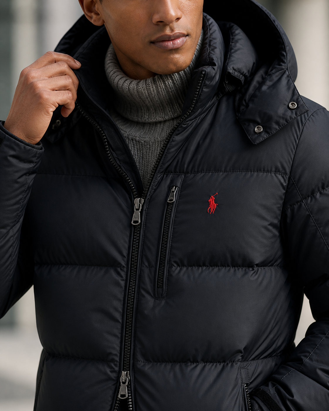 Doudoune matelassée Polo Ralph Lauren noire – détails capuche, zip et logo rouge
