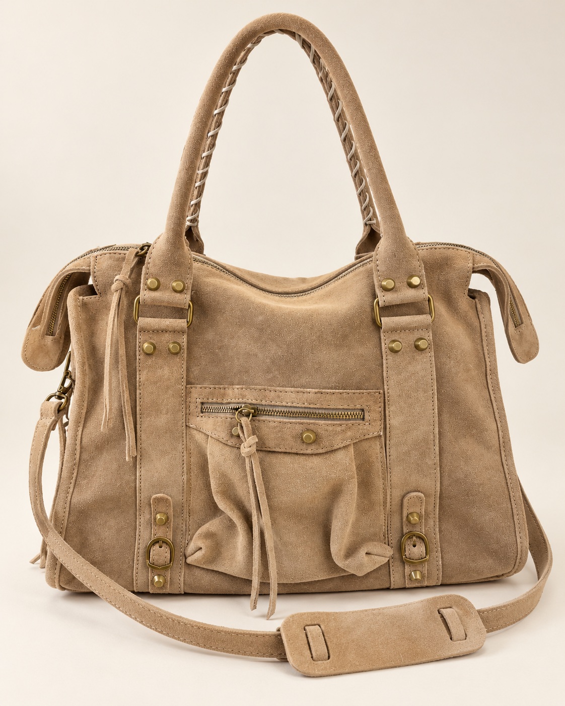 Sac Soléane beige en cuir de vachette, 3836 Grand Modèle, vue de face avec poche zippée et bandoulière