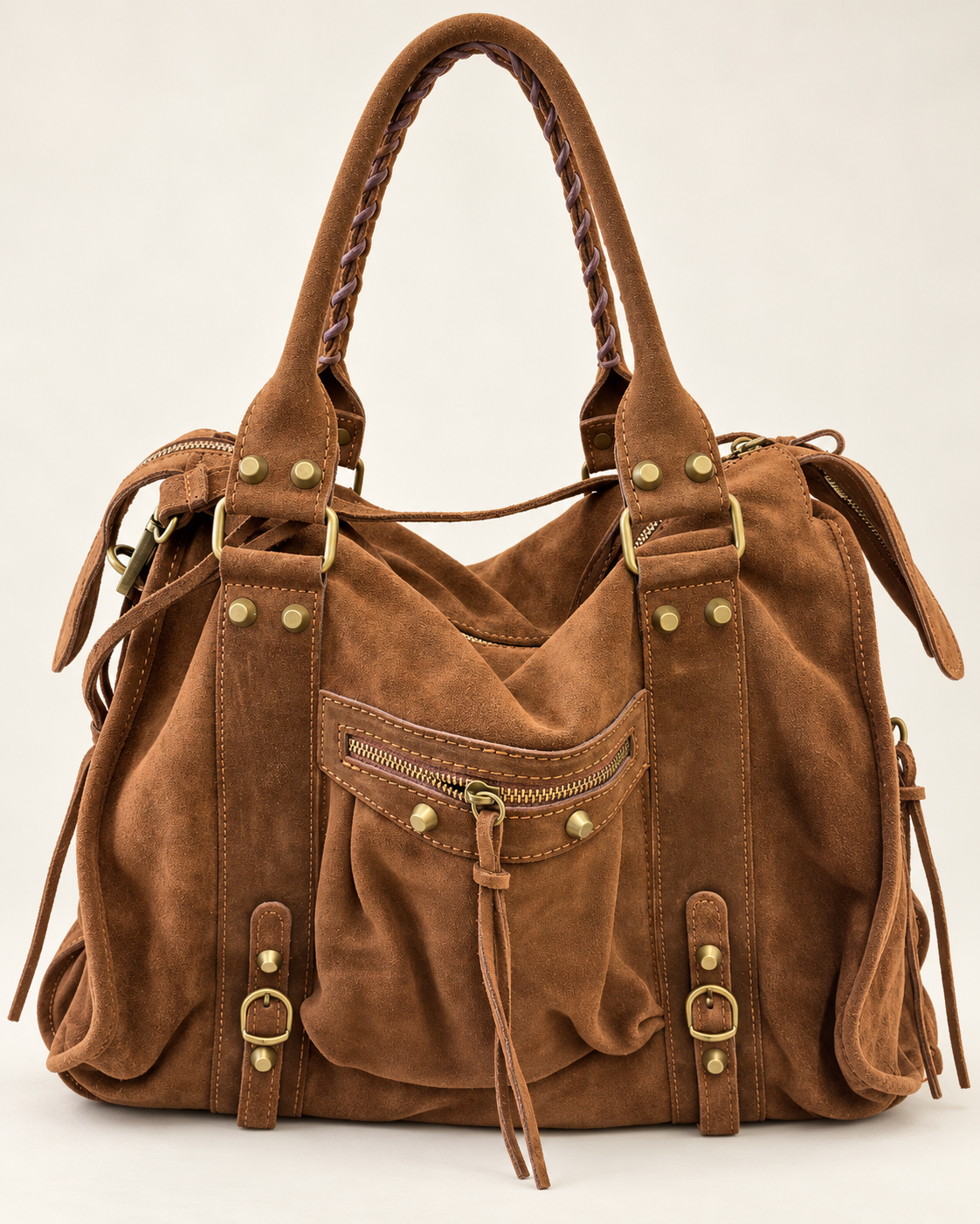 Sac Soléane camel en cuir de vachette, 3836 Grand Modèle, vue de face avec poche zippée