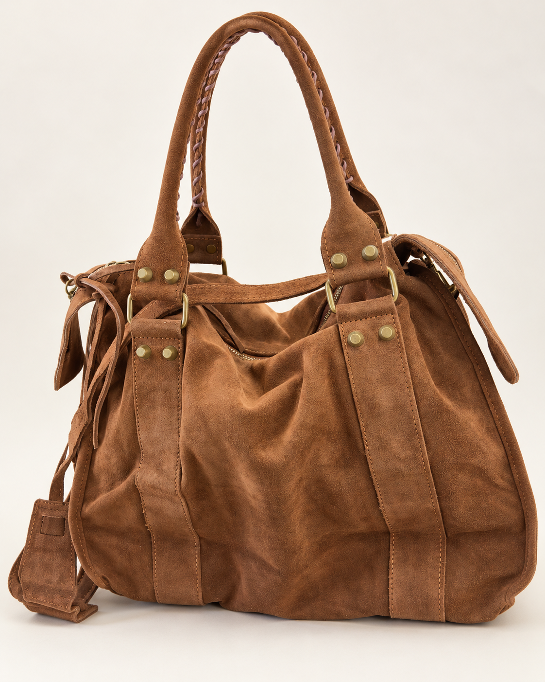 Sac Soléane camel en cuir de vachette, 3836 Grand Modèle, vue de dos avec bandoulière et épaulette