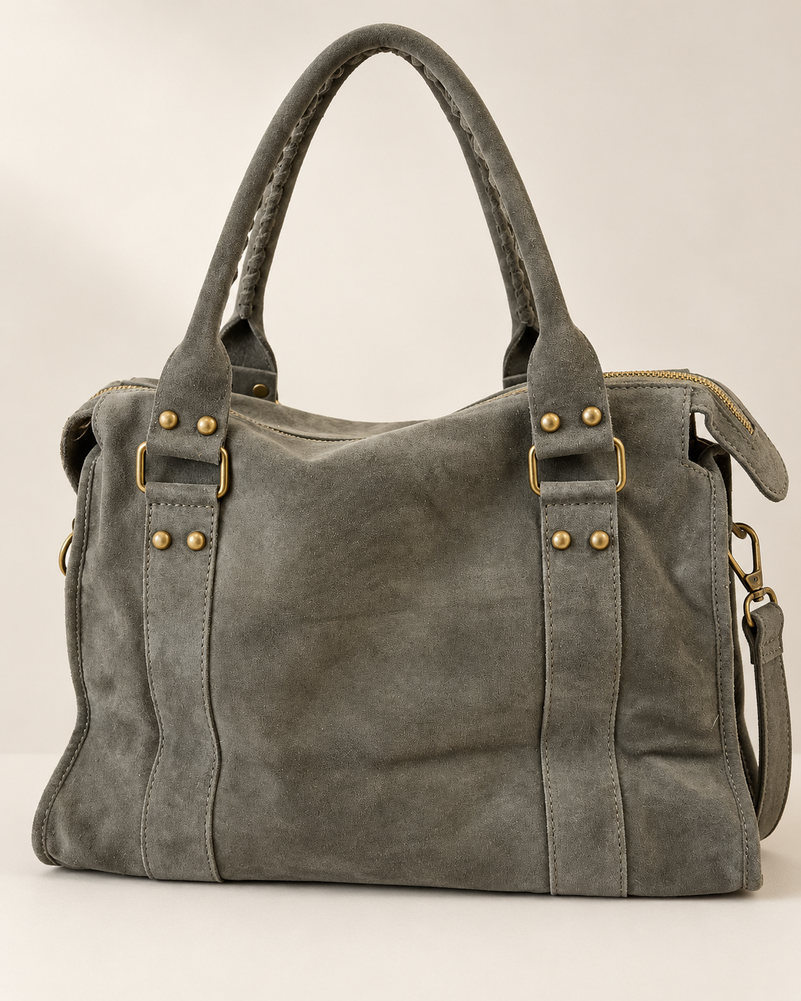 Sac Soléane kaki en cuir de vachette, 3836 Grand Modèle, vue de dos avec anses et rivets dorés