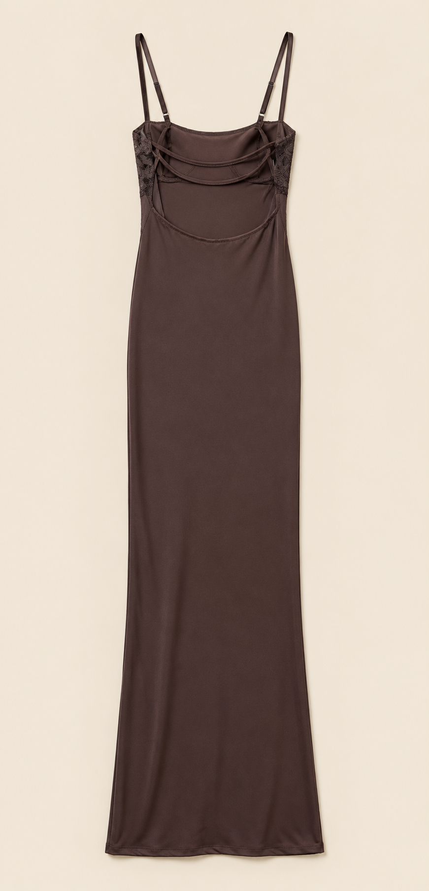 Robe longue droite chocolat à plat, vue de dos