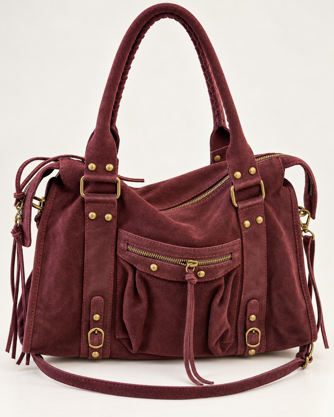 Sac bordeaux 3836 Grand Modèle en cuir de vachette, vue de face avec poche zippée et détails dorés