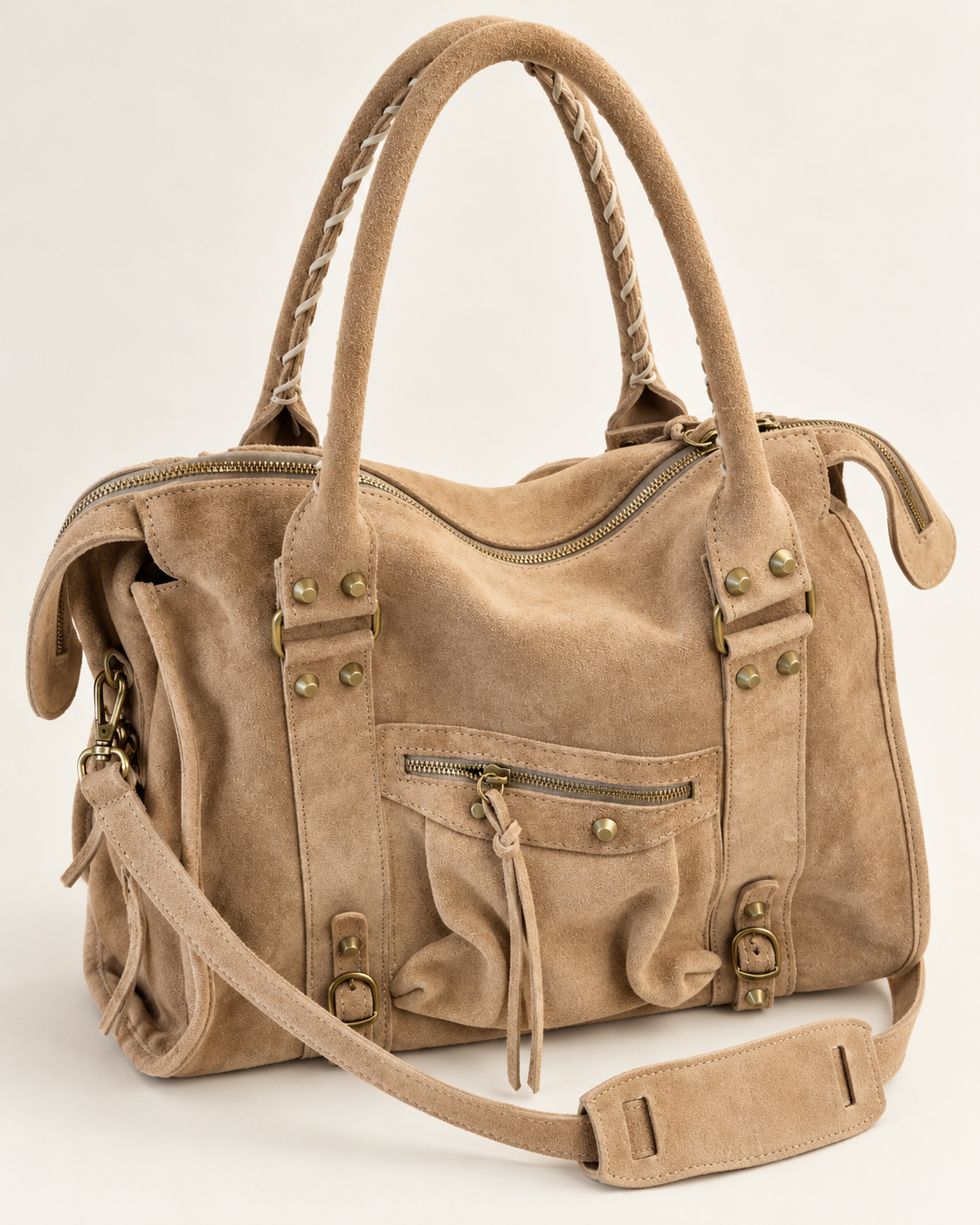 Sac Soléane beige en cuir de vachette, 3836 Grand Modèle, vue de trois-quarts des anses lacées et de la fermeture