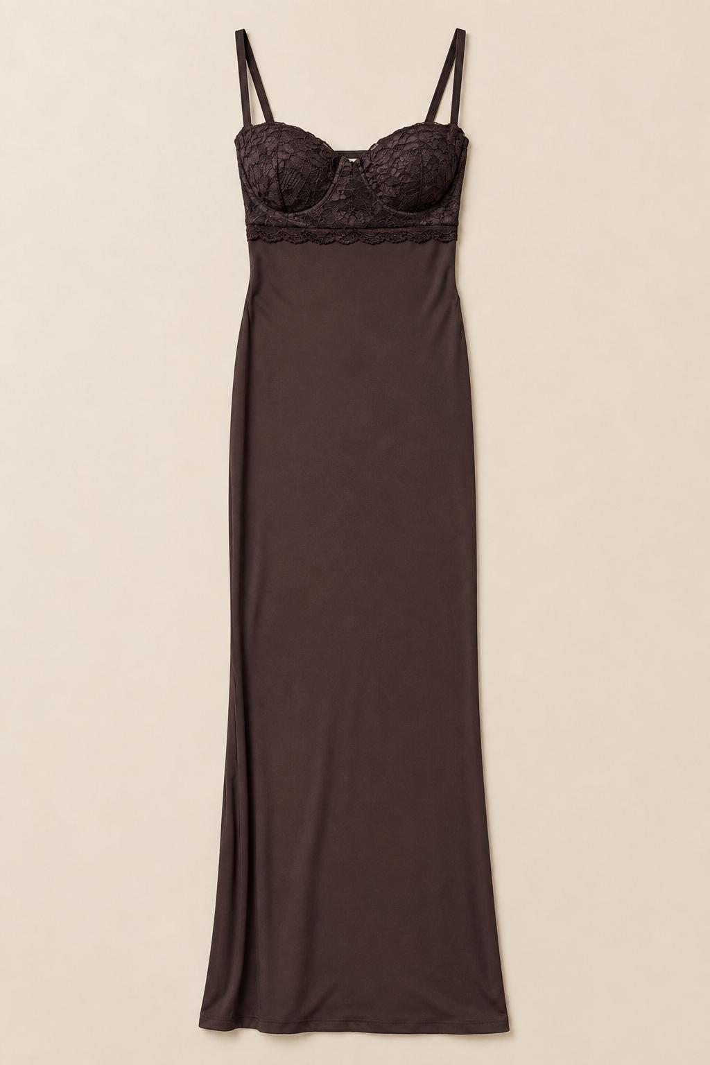 Robe longue droite chocolat à plat, vue de face
