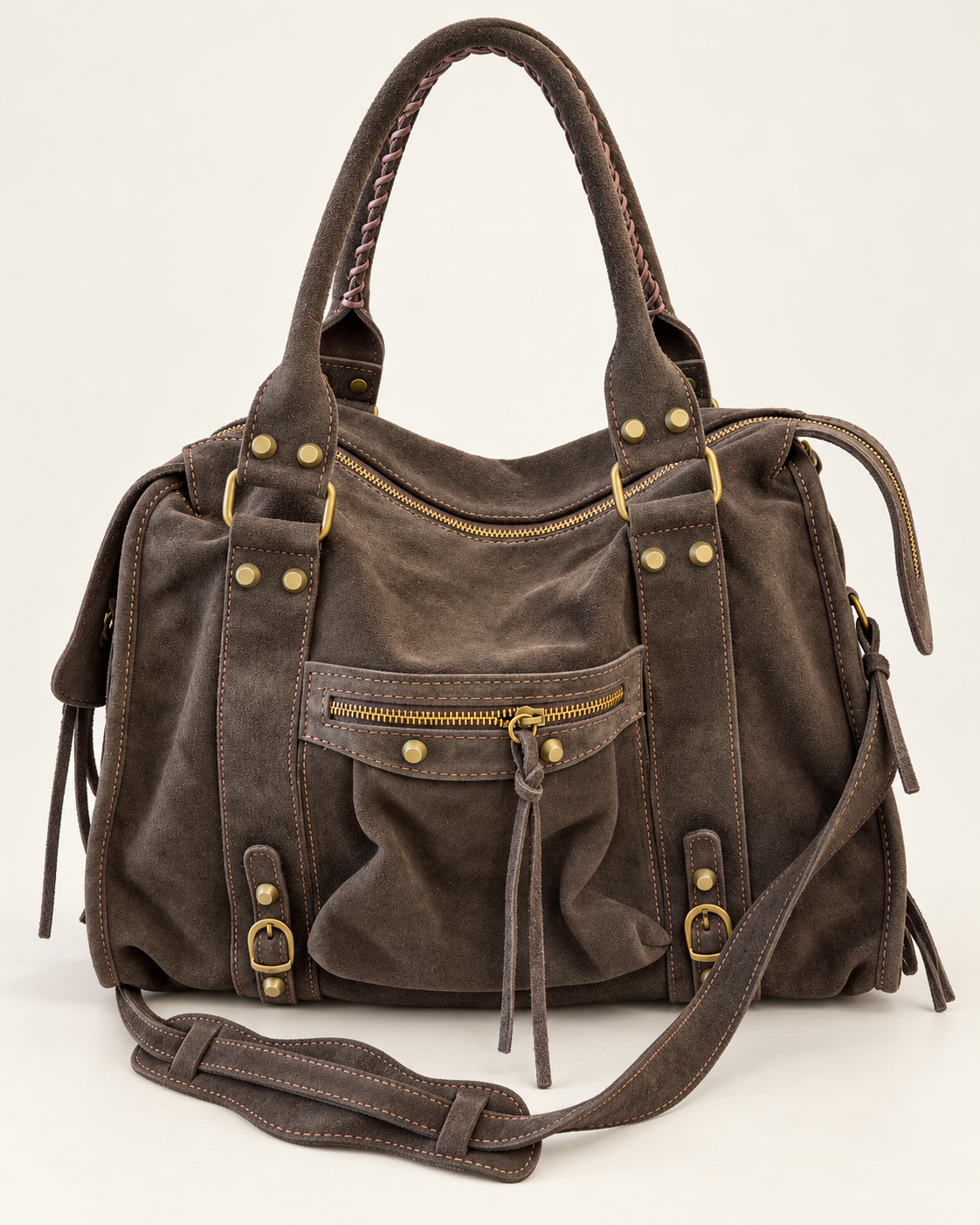 Sac Soléane choco en cuir de vachette, 3836 Grand Modèle, vue de face avec poche zippée