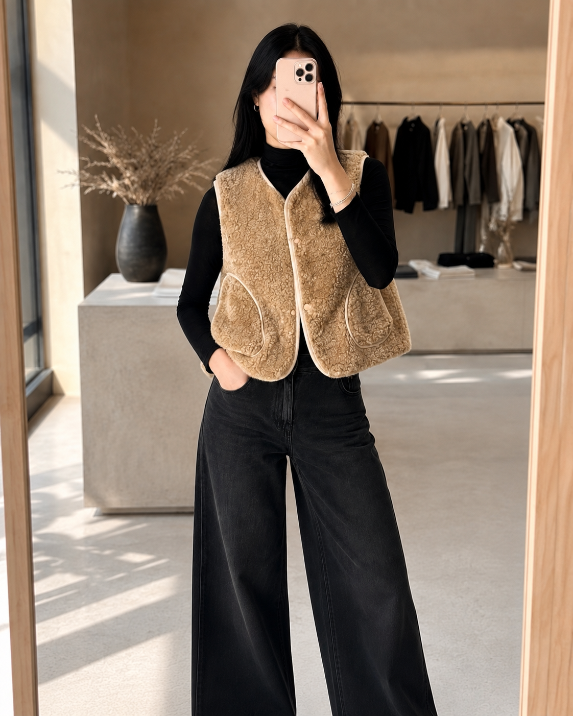 Gilet COZY beige porté - vue commerciale