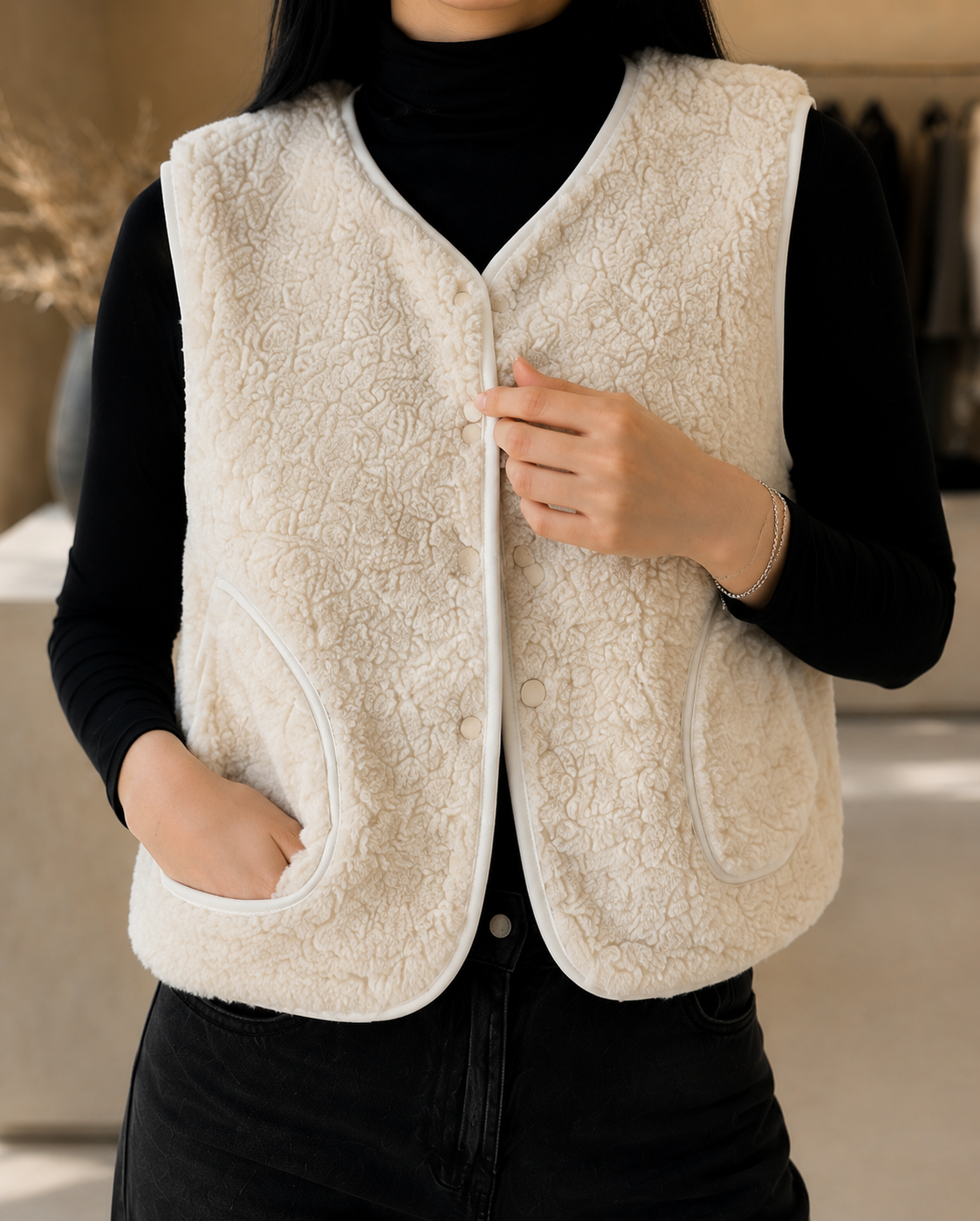 Gilet COZY écru - détail matière et poches