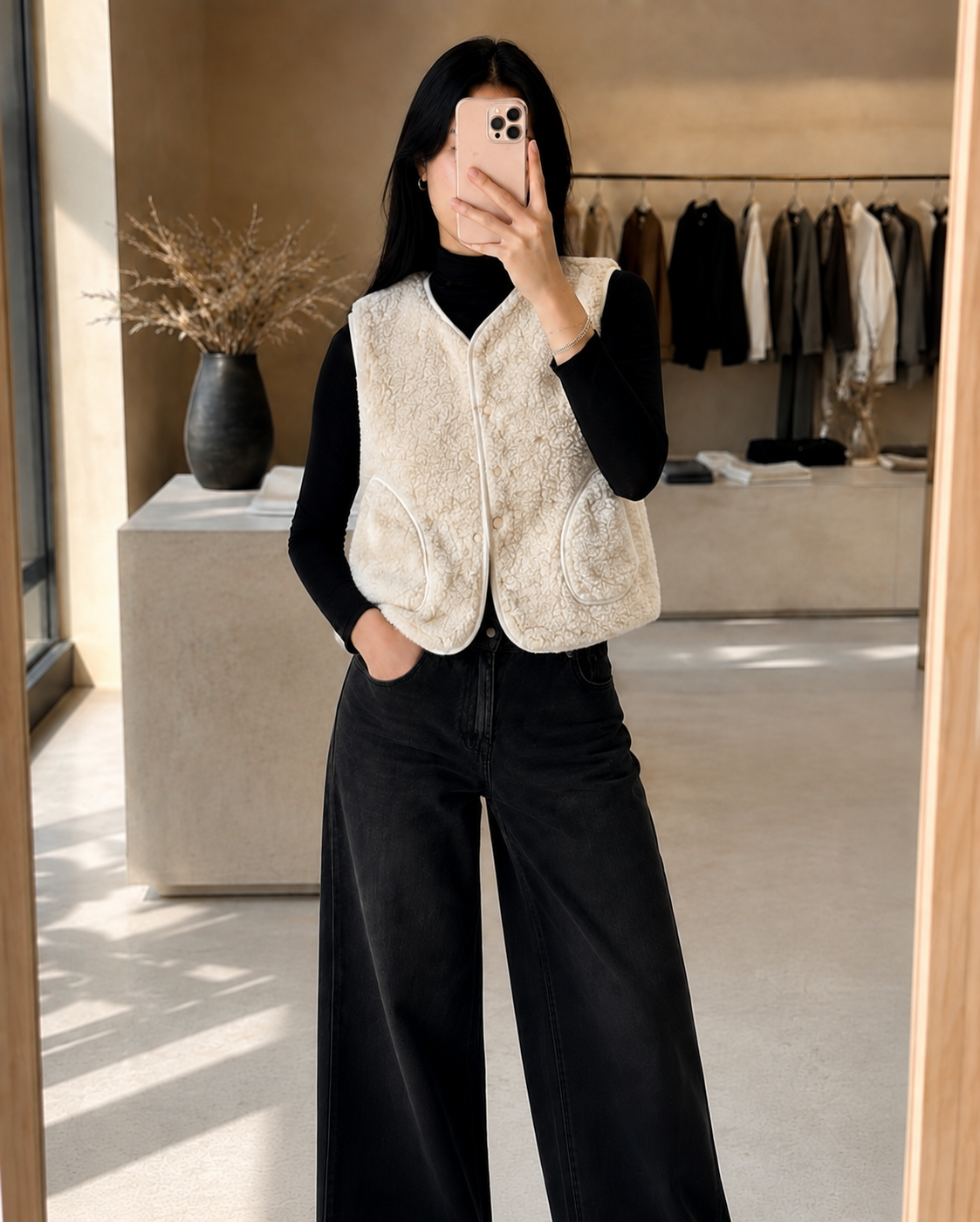 Gilet COZY écru porté - vue commerciale