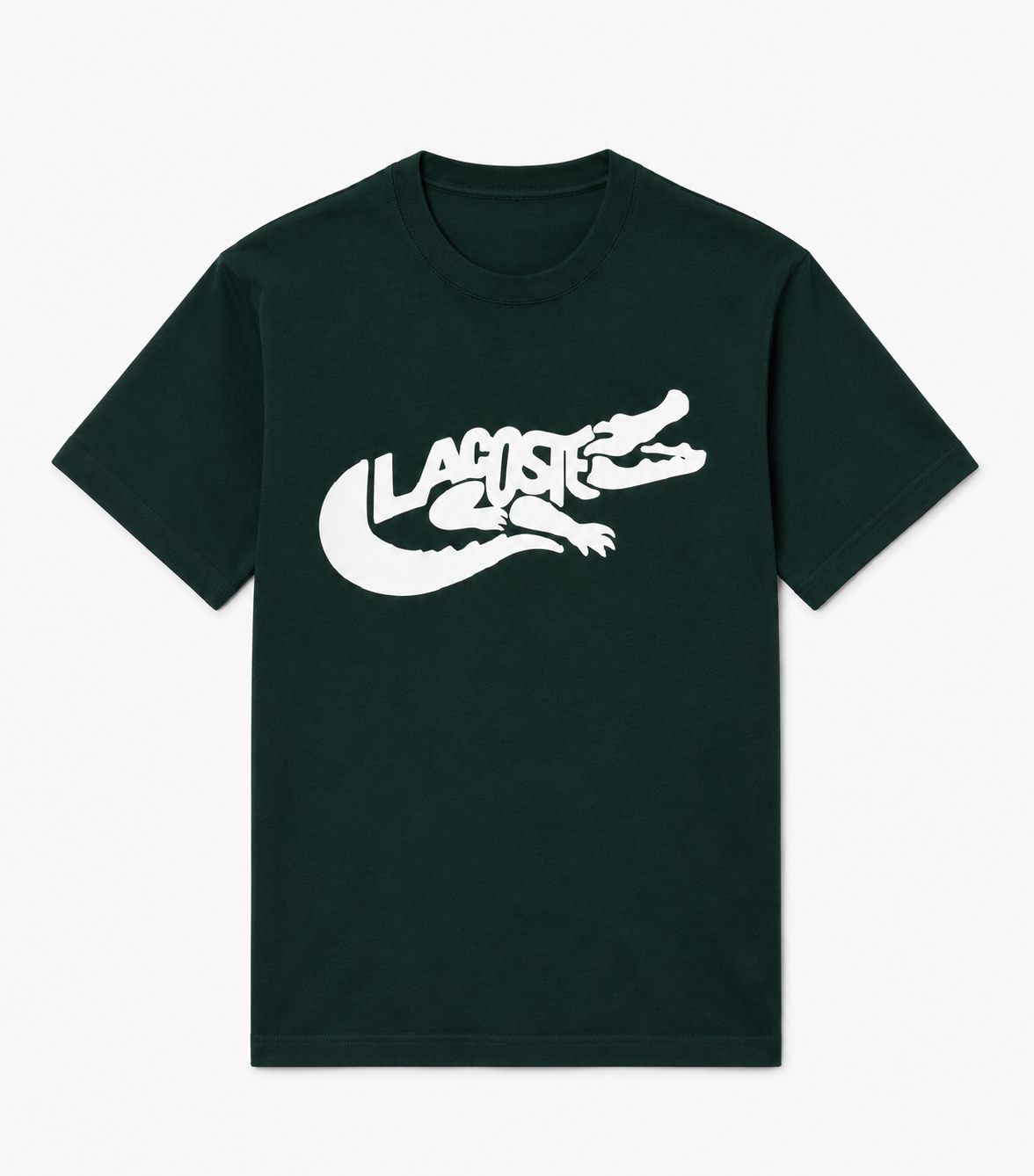 T-shirt Lacoste TH9990 vert sinople à plat, imprimé blanc crocodile et lettrage LACOSTE