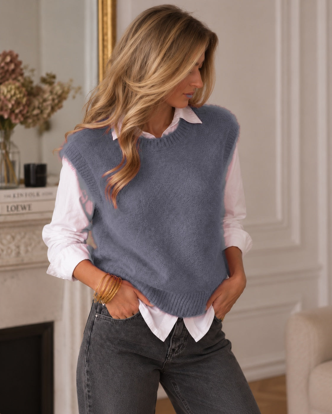 Pull MAHÉ Mohair gris porté