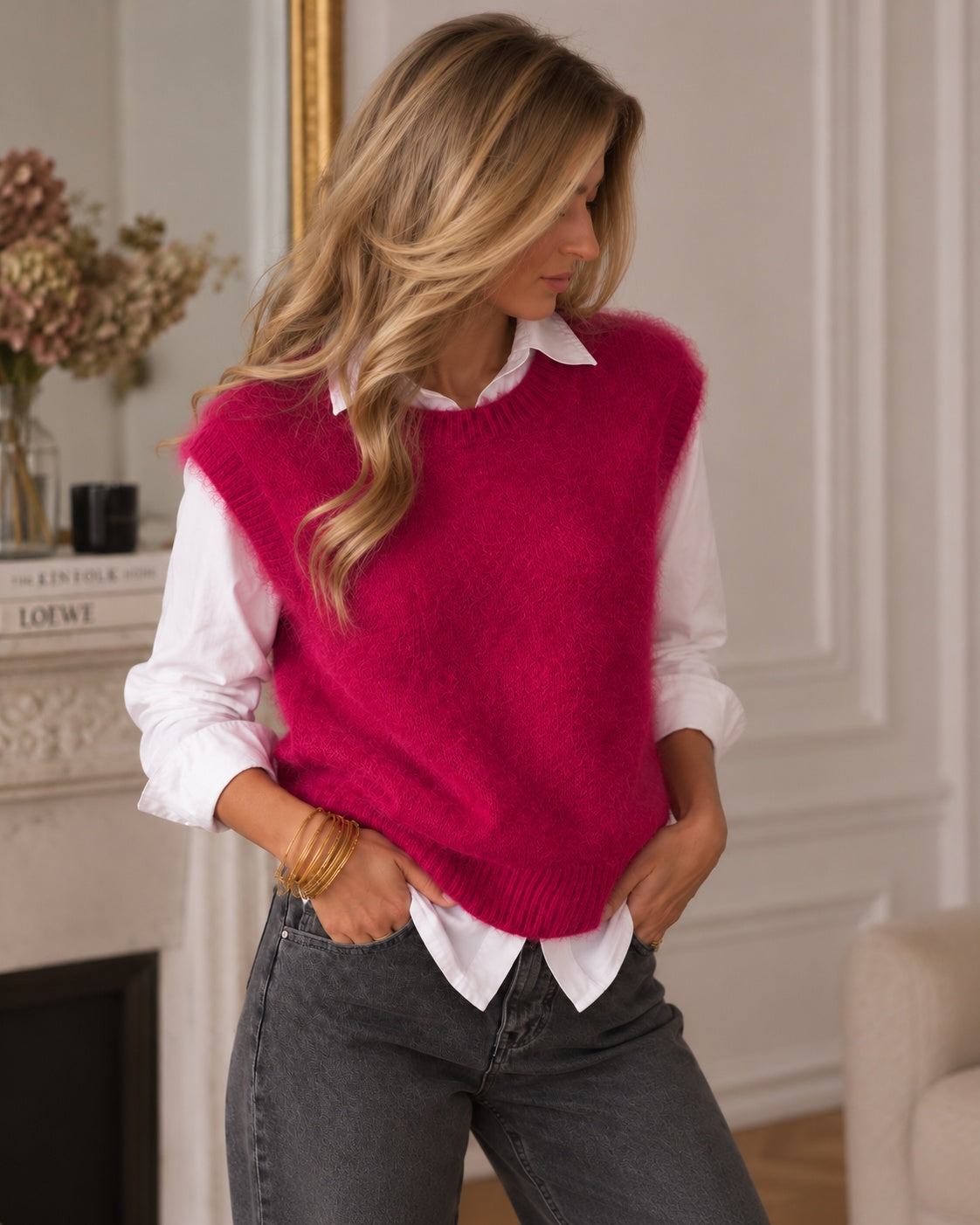Pull MAHÉ Mohair magenta porté