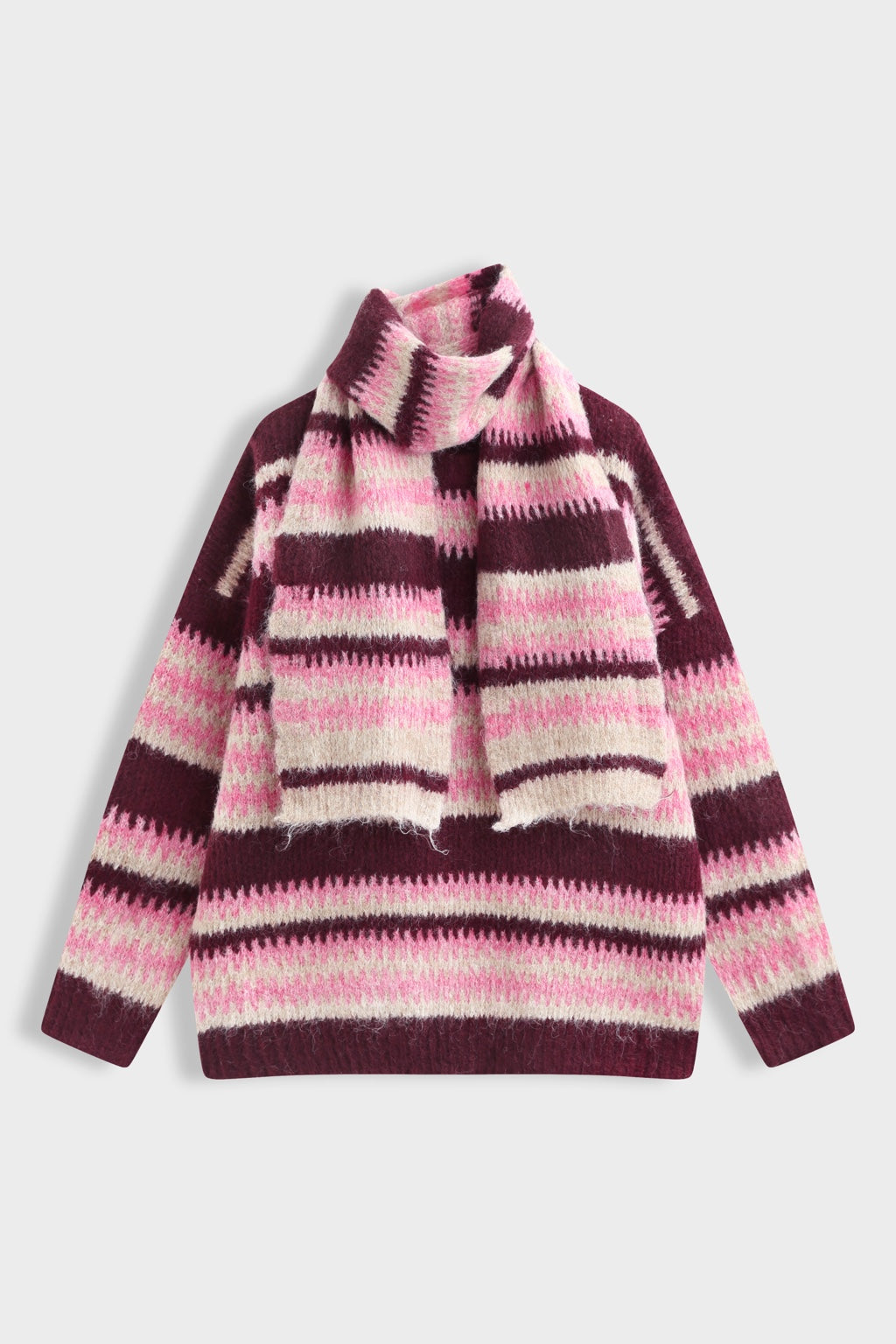 Pull Althéa bordeaux, rose et écru avec écharpe à plat