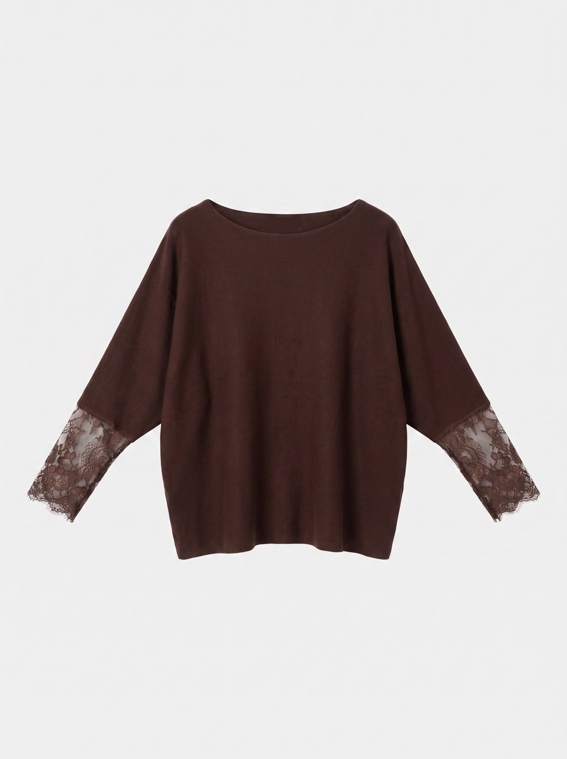 Pull ISALINE chocolat à manches en dentelle