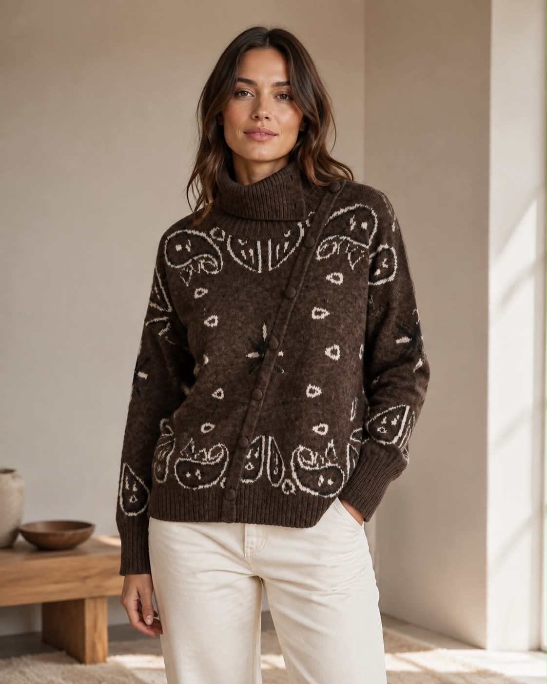Pull ML20 chocolat à col roulé porté de face